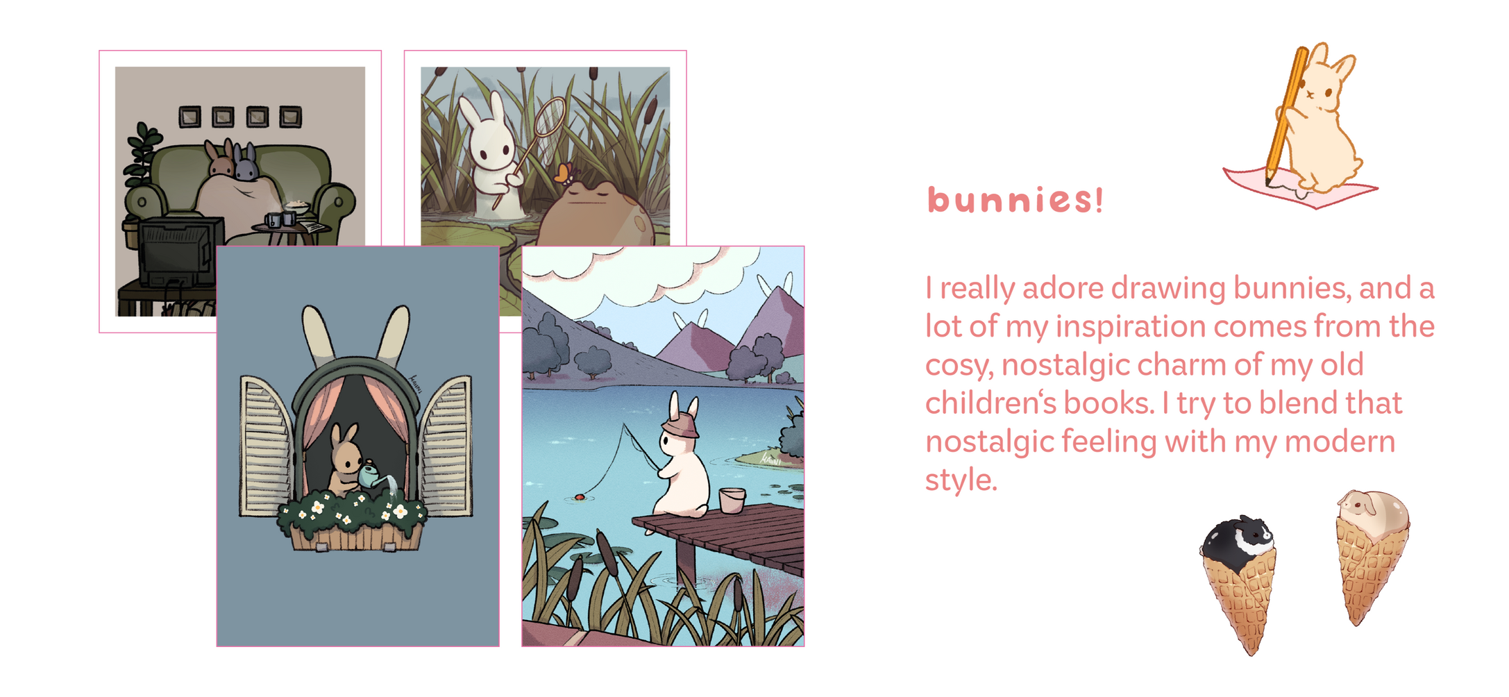 bunnies! Four postcard designs showing brown and white bunnies with an earthy colour palette.