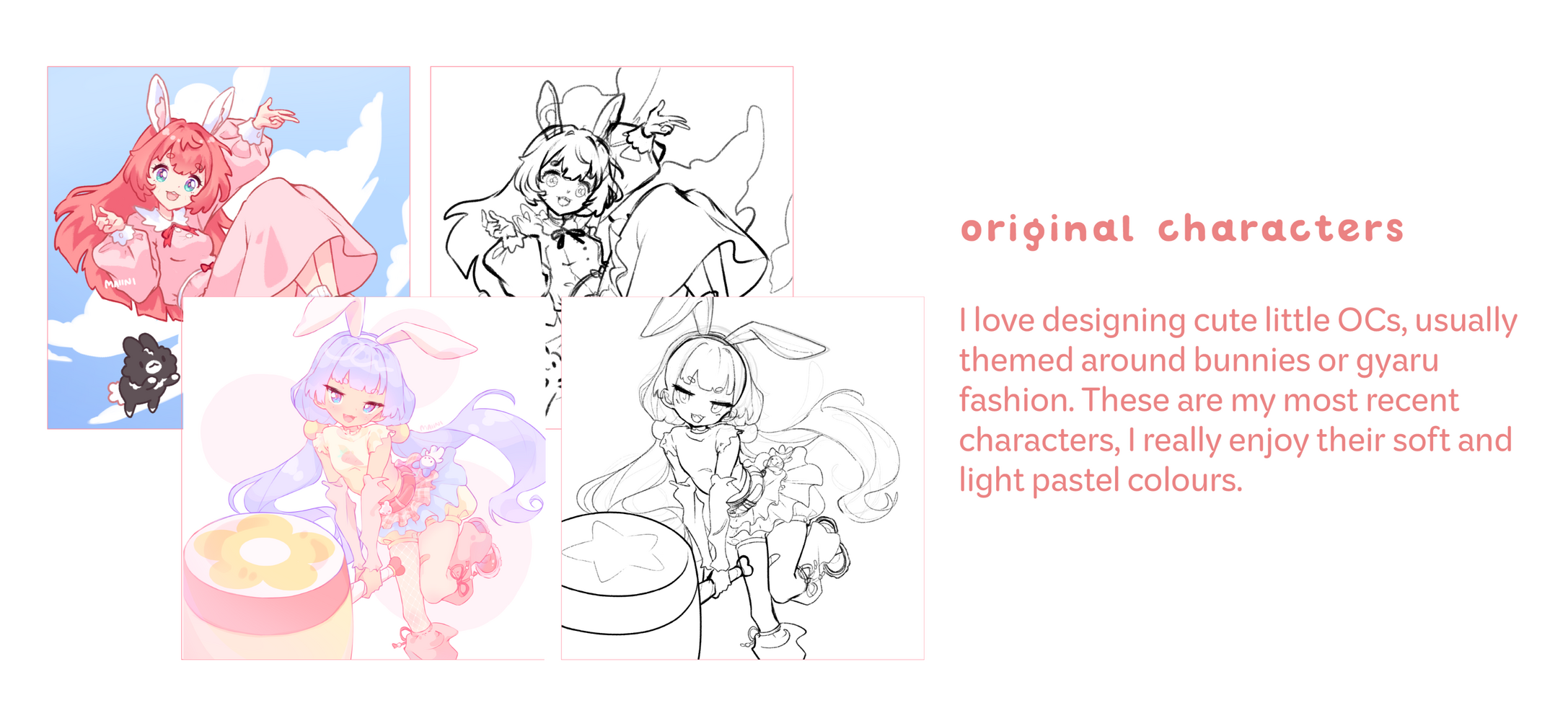 two images in the back show a pink haired character with white bunny ears and a sketch of the character, the front images show a purple haired cheeky looking character and its sketch